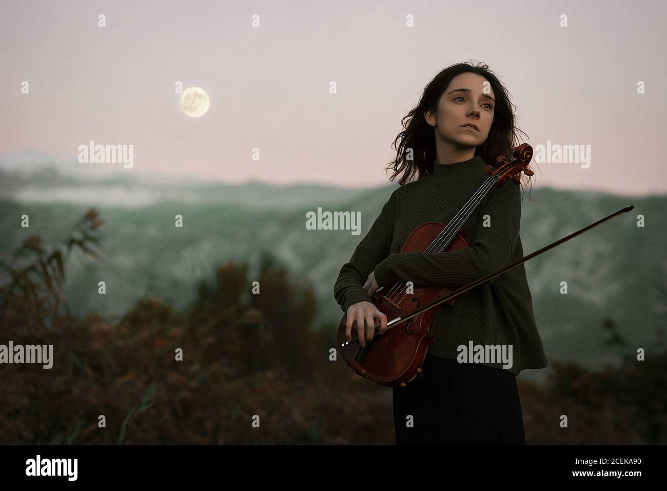 Bella giovane donna in bel vestito che tiene violino e guardare lontano mentre si sta in campo su uno sfondo incredibile di montagne e cielo Foto Stock