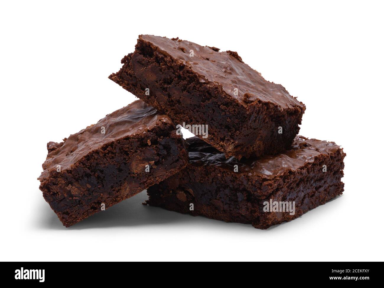 Tre brownie al cioccolato isolate su sfondo bianco. Foto Stock