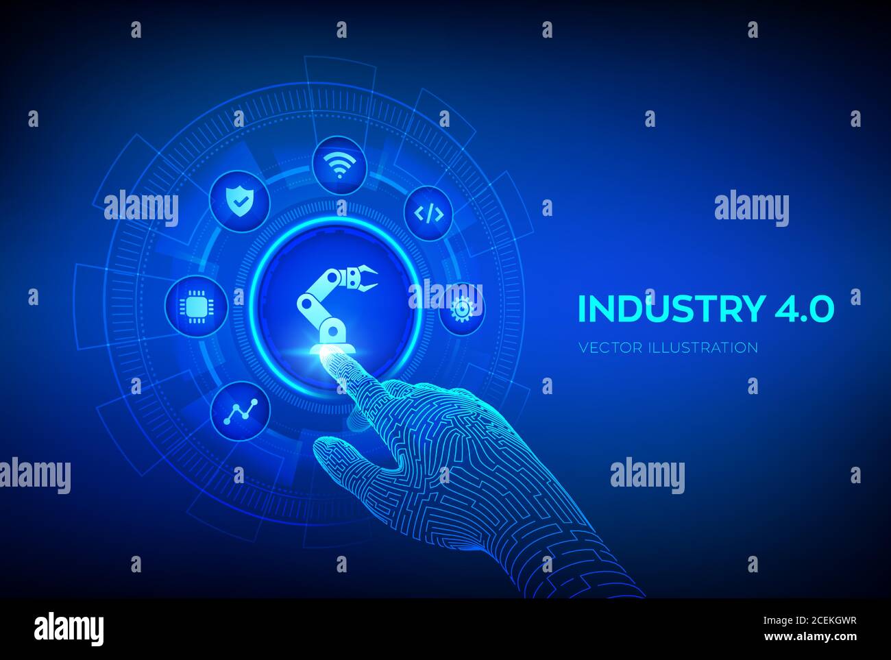 Concetto Smart Industry 4.0. Automazione di fabbrica. Tecnologia industriale autonoma. Fasi di rivoluzione industriale. Mano robotica che tocca il digitale Illustrazione Vettoriale