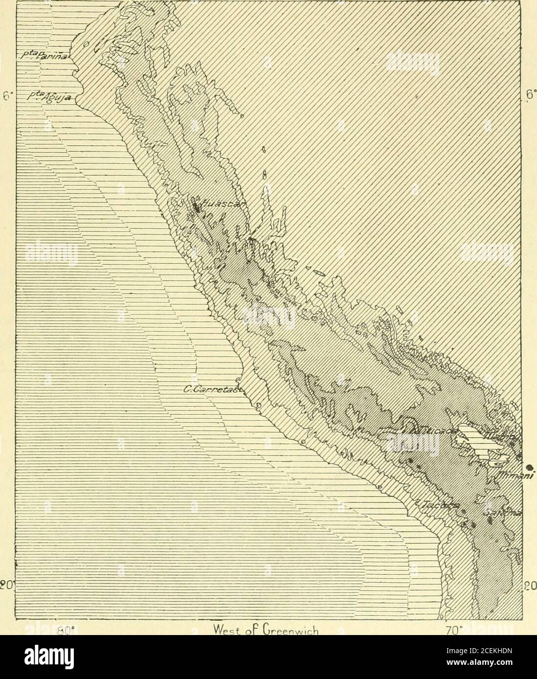 . La terra e i suoi abitanti ... VULCANI PERUVIANI. 283 non riesce ad attirare molti visitatori, grazie all'osservatorio astronomico fondato da Pickering su Carmen Alto, uno dei suoi contrafforti. A sud di misti si estende la cresta di Pichu-Pichu, seguita dalla Fig. 109.-Zones op Altitude, Peett.Scale 1 : 16,000,000.. Ovest o ureenwicln Heights. Da 0 a 3,2£ÛFeet. Da 3,280 a 6 5R0Feet. Da 6,560 a 13,030Feet. Profondità. Da 0 a 1.000Fathoms. Da 1,000 a 2.000 Fathoms. Da 13,000 a 20,000 20 000 piedi. E upwarda. 2.000 Fathomsaud verso l'alto. 310 miglia. Vulcano Omate allungato, chiamato anche Huayna-Putiua ( Putina t Foto Stock