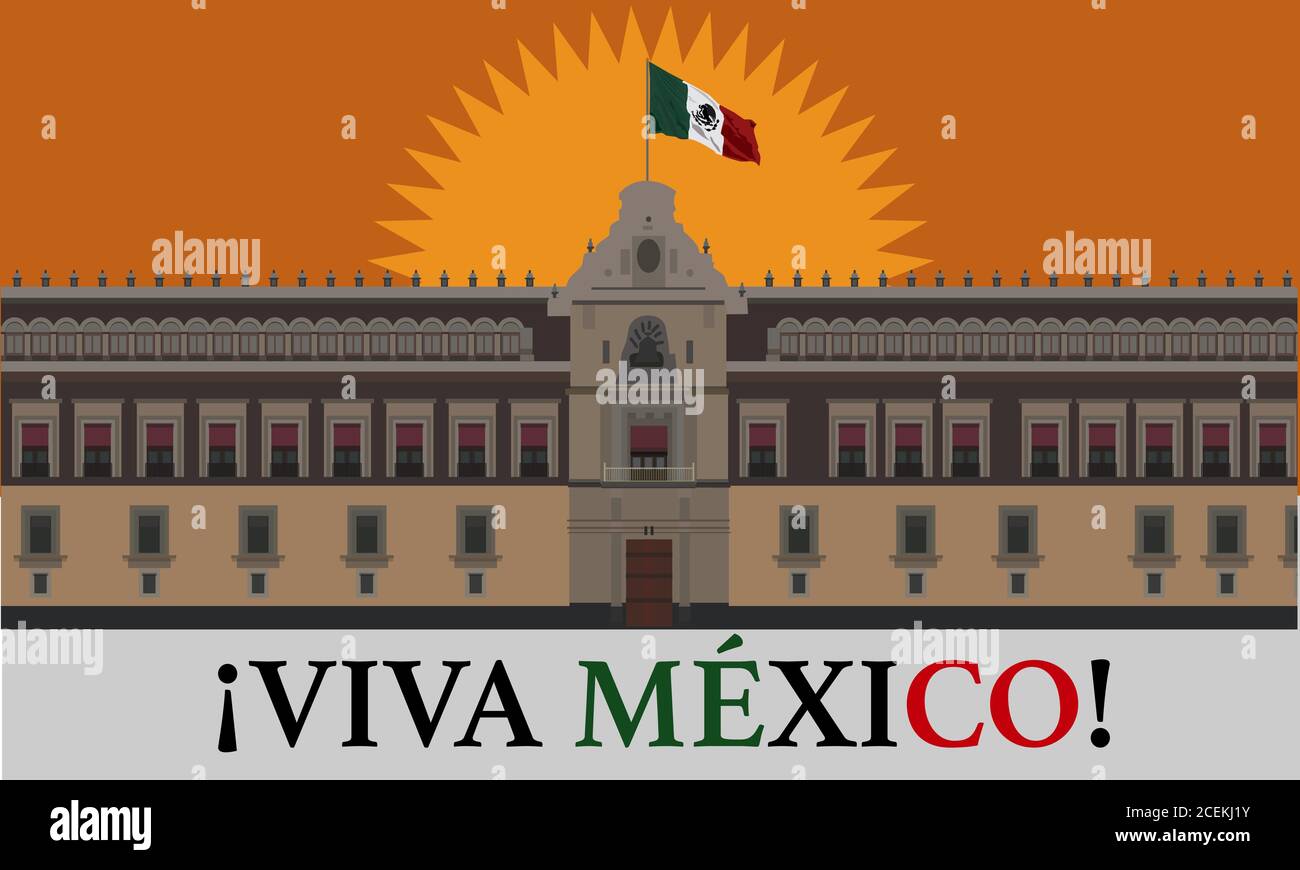 Facciata del Palazzo Nazionale - Independence Day Celebration Illustration - testo in spagnolo: Long live Mexico Illustrazione Vettoriale