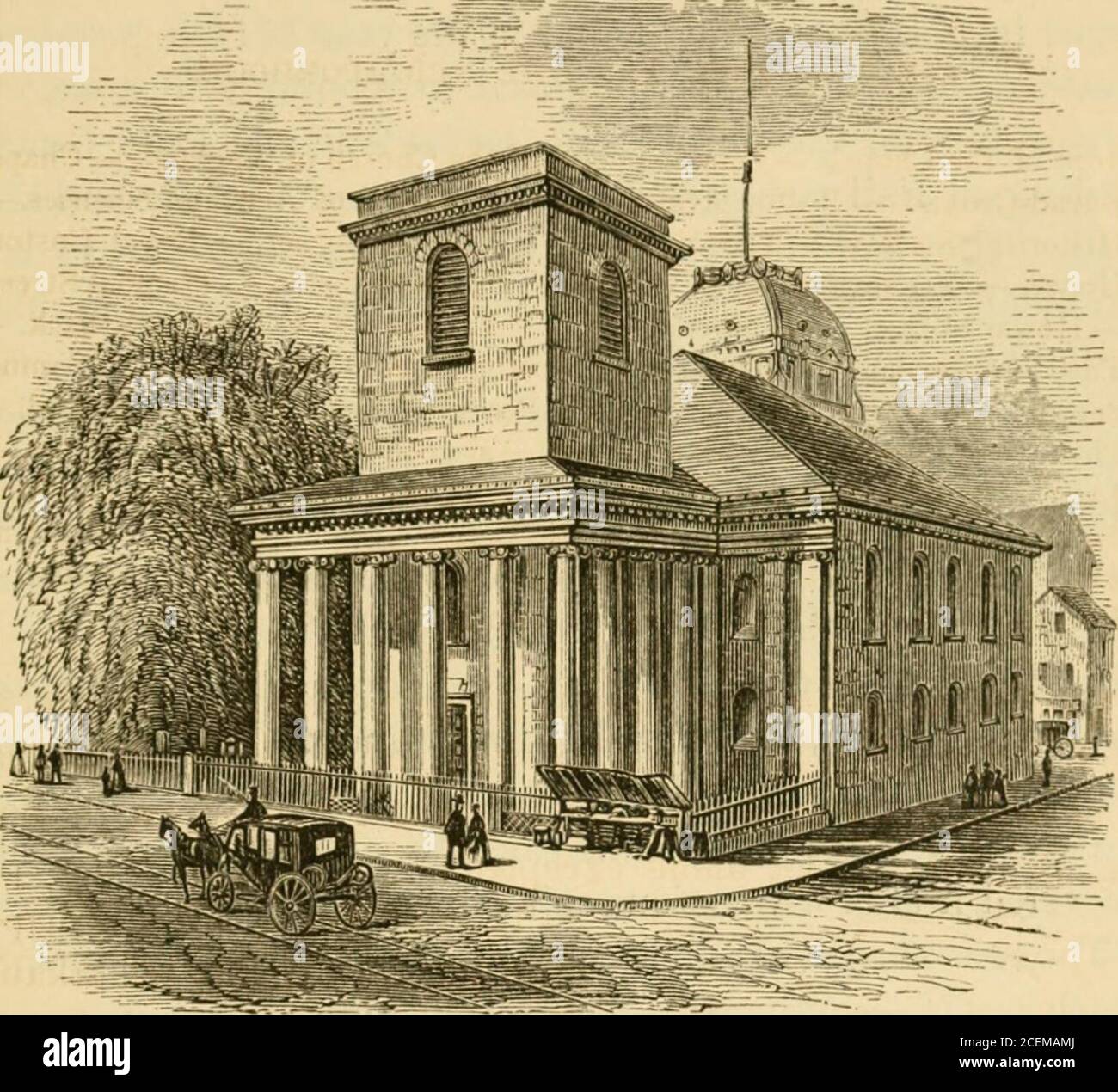 . Antichi monumenti e personaggi storici di Boston. KINGS CHAPEL E IL QUARTIERE. 29 Kings Chapel è il quinto dell'ordine delle chiese di Boston. L'architetto era Peter Harrison, di Newport, R. I., e il j) lanabbracciato un campanile, che MR. Harrison pensò essenziale per il design hisgeneral, e avrebbe avuto un bell'elletto. Per volere. kings cappella come appare in 1S72. Di fondi, tuttavia, il campanile non è mai stato costruito. GovernorShirley posò la pietra angolare l'11 agosto 1749, e dopo aver dato ai lavoratori £ 20 (vecchio tenore) per bere la sua salute, andò nella vecchia chiesa, che era ancora in piedi Foto Stock