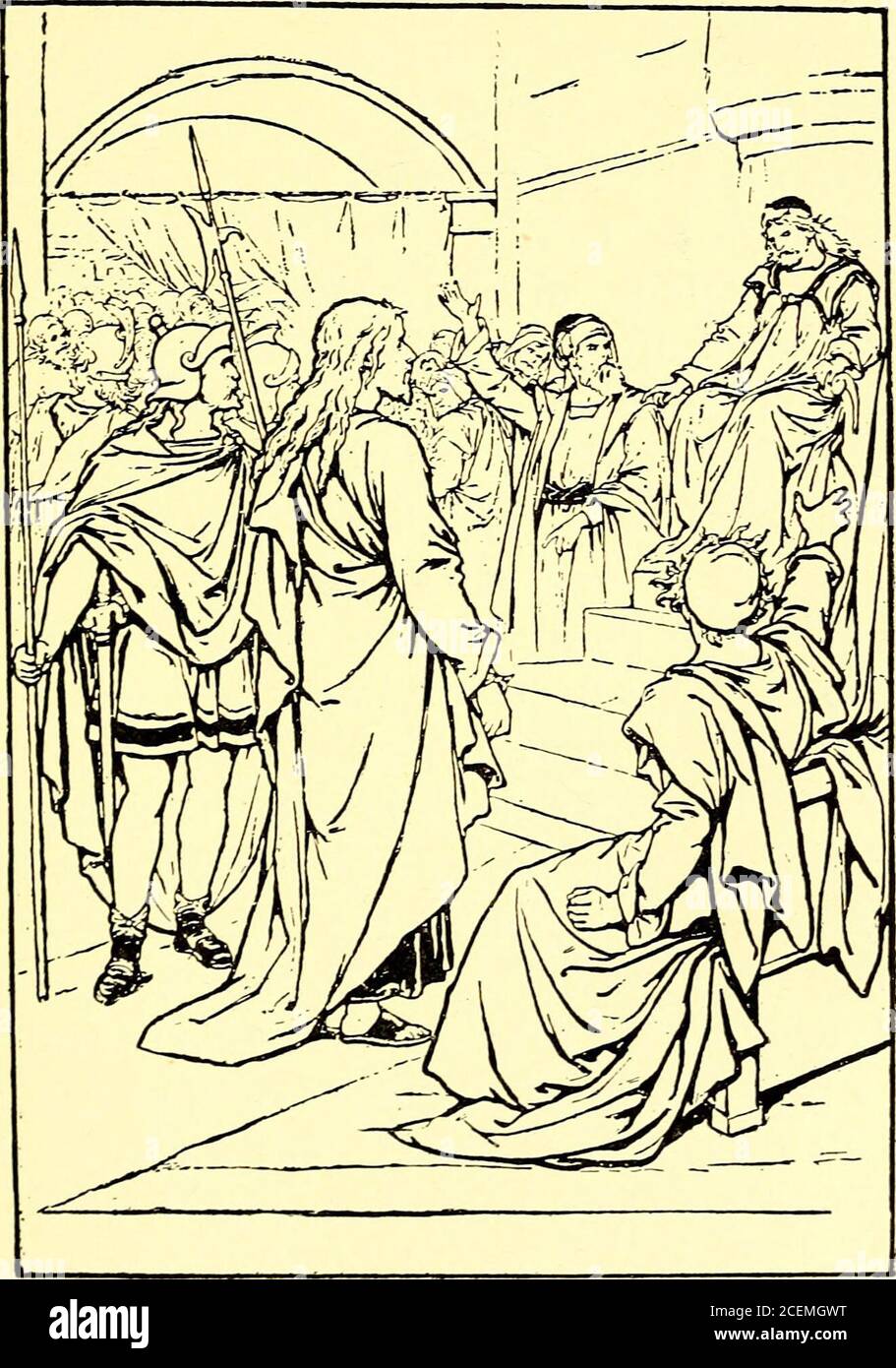 . La vita di Cristo di un bambino : in parole di una sola sillaba. , ma affrettarsi a fare il loro lavoro fallo e rovinarlo JE-sus a morte, furtivo, in modo che i suoi amici non possono cercare di savehim. Il tribunale non ha potuto fare alcun caso. Theyask JE-sus per raccontare i nomi di coloro che perein la sua band, e per far conoscere ciò che ha affretto. JE-sus li offre di non chiedergli, ma di domandare le folle che ha insegnato da luogo a luogo, in tutta la terra e nella Casa di Dio a JE-RU-sa-lem. Una delle guardie che si trovavano colpì JE-sus (le sue mani erano sconfinate che conosci) con il palmo della sua mano, eddette: «Dost you speak in quella wa» Foto Stock