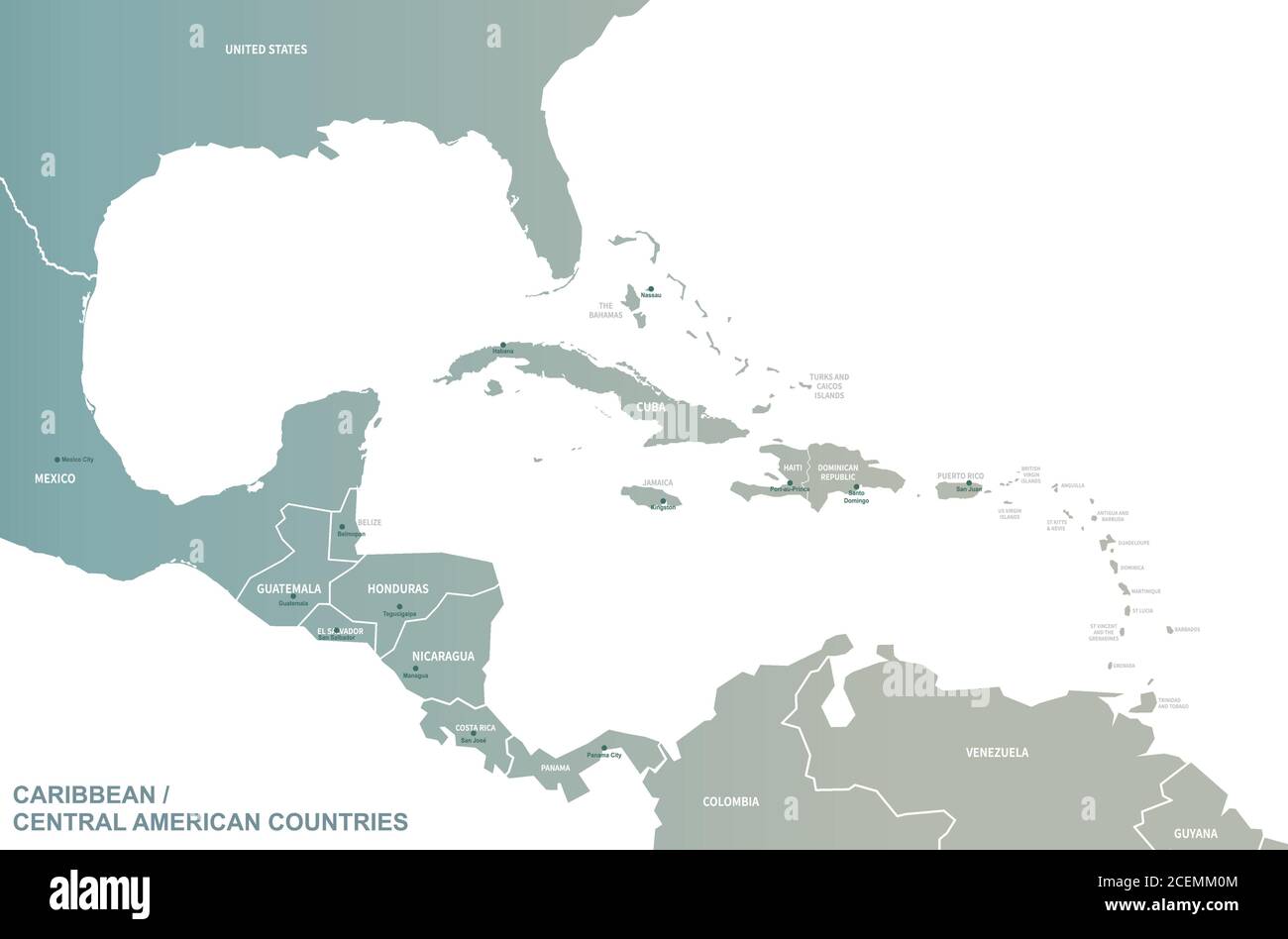 Mappa dei paesi dei Caraibi. Dettaglio Mappa vettore con National Capital Plots Illustrazione Vettoriale