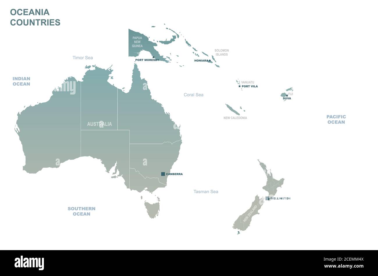 Mappa dei paesi del Pacifico meridionale. Dettaglio Mappa vettore con National Capital Plots Illustrazione Vettoriale