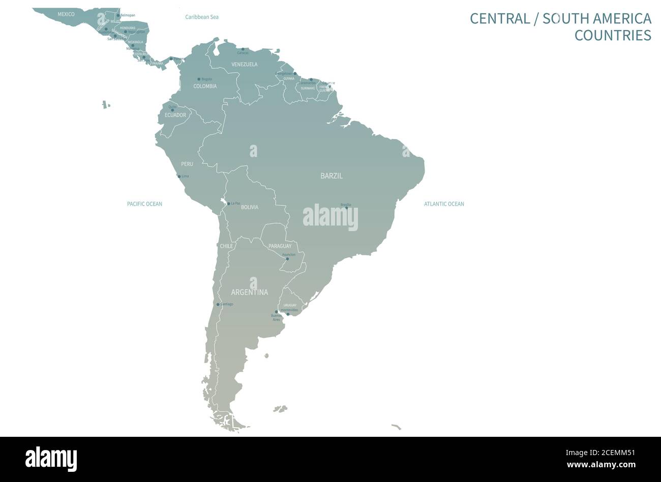 Mappa dei paesi dell'America del Sud. Dettaglio Mappa vettore con National Capital Plots Illustrazione Vettoriale