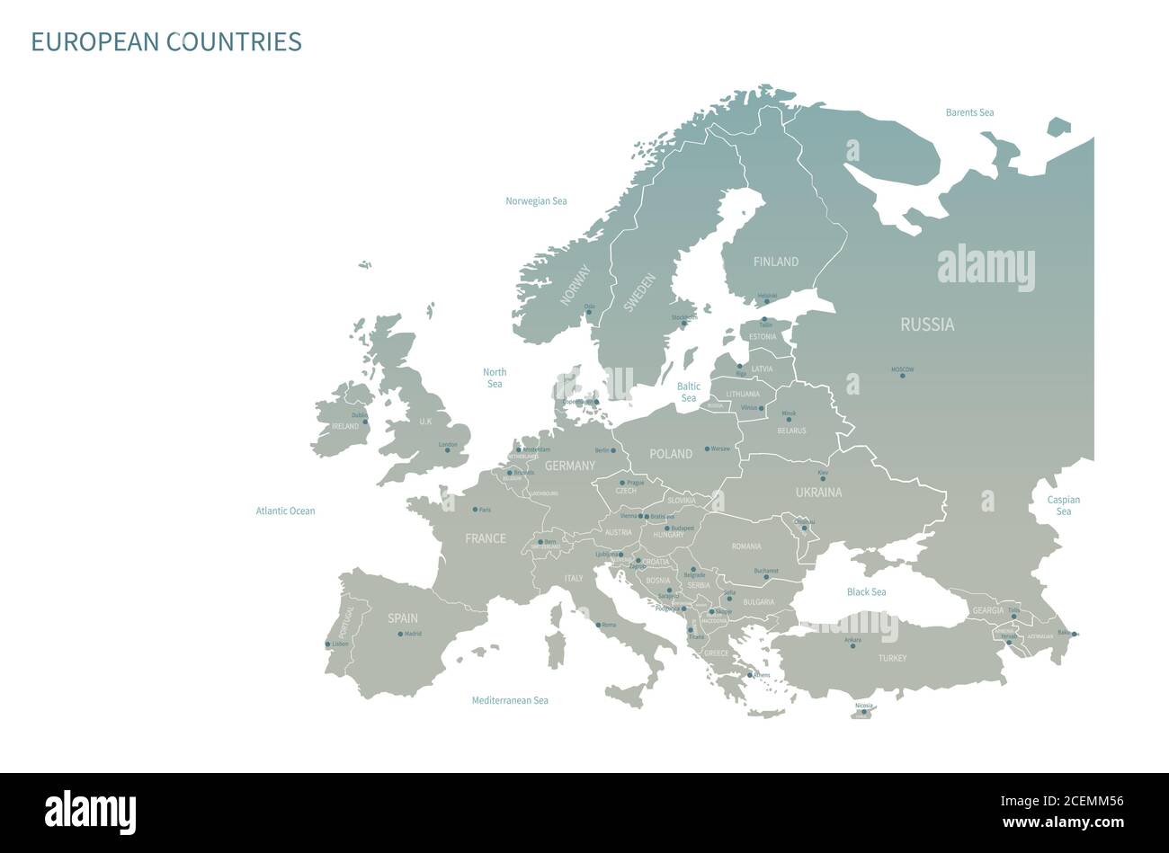 Mappa dei paesi europei. Dettaglio Mappa vettore con National Capital Plots Illustrazione Vettoriale