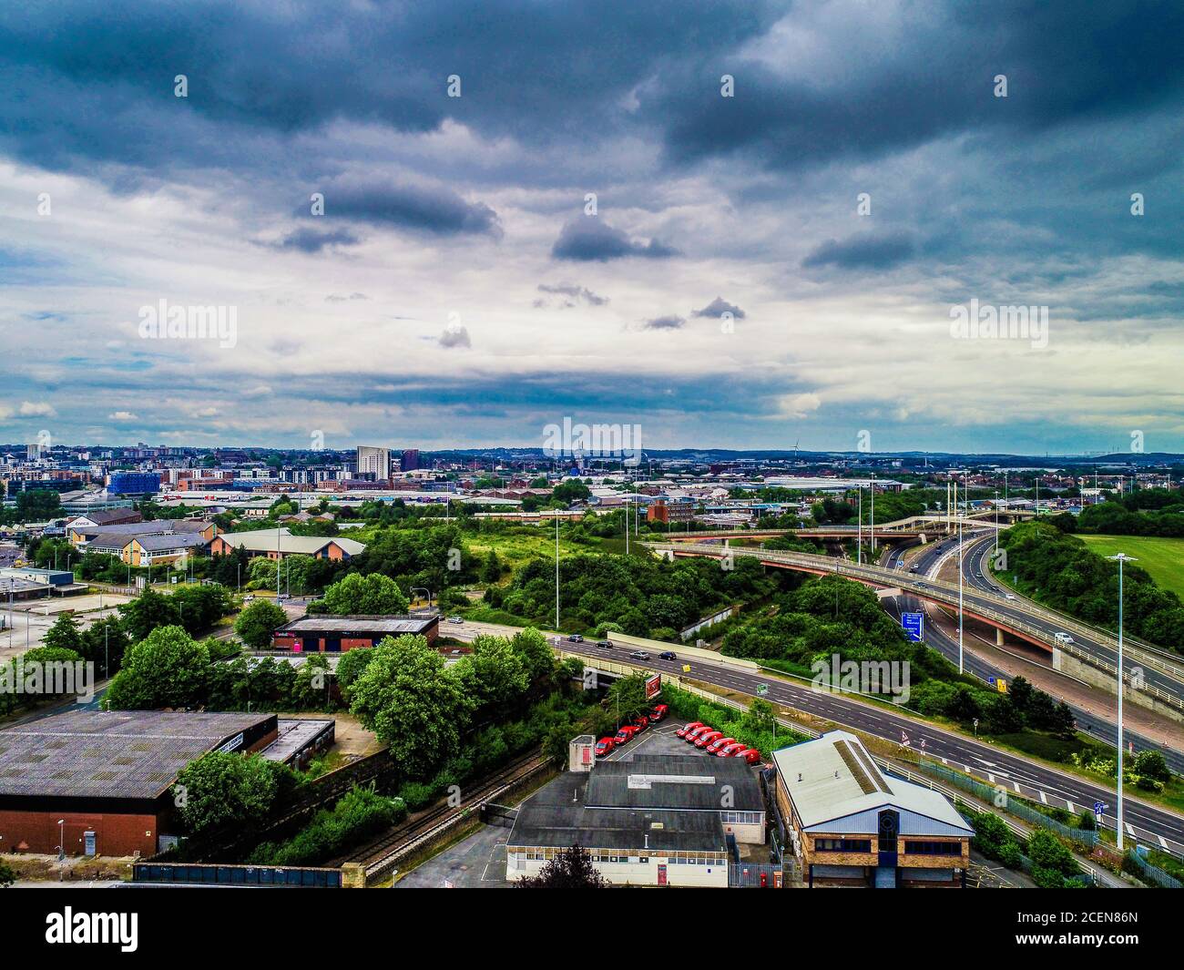 Panorama aereo del centro di Leeds, affari, turismo, divertimento Foto Stock