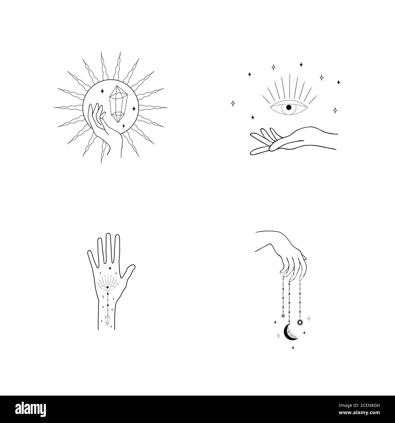 Set di loghi femminili a mano in uno stile lineare minimo. Diversi gesti delle mani vettoriali con luna, stelle e Cristallo. Logo astratto per cosmetici o bellezza Illustrazione Vettoriale