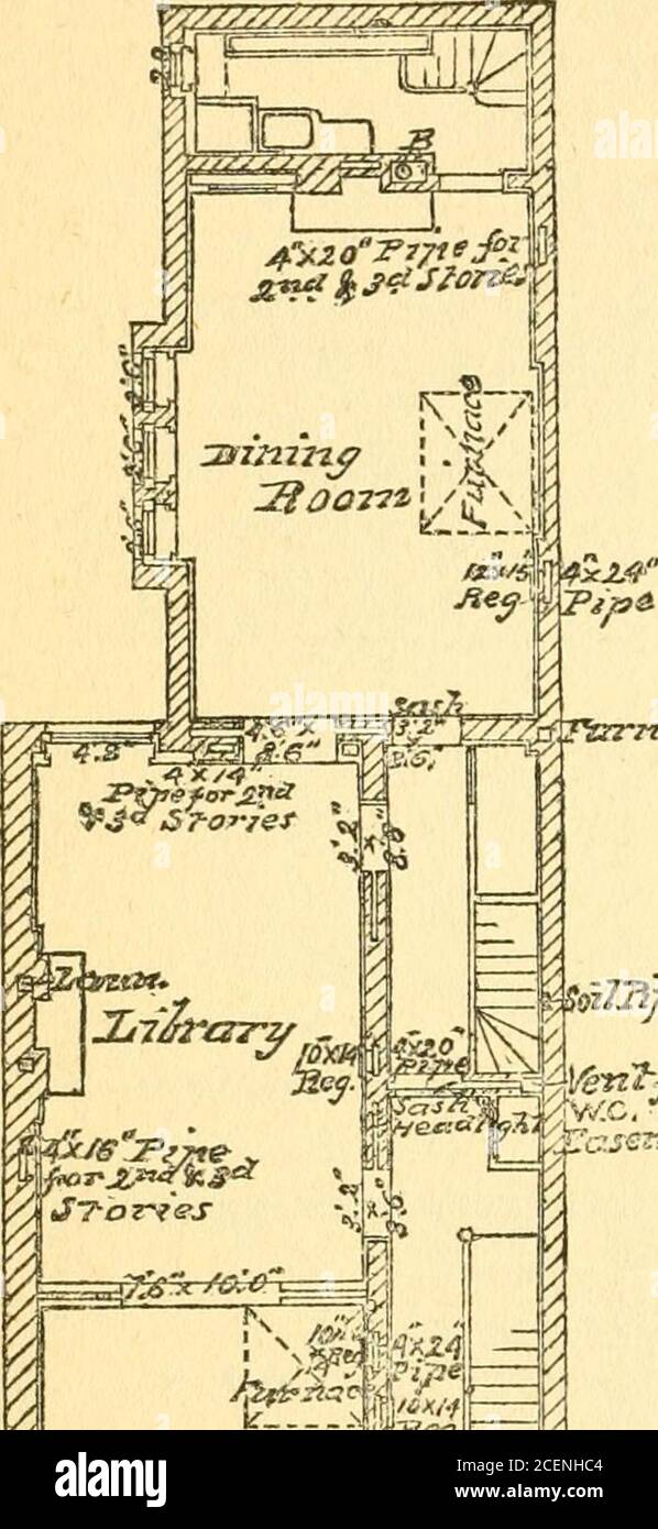 . I principi di ventilazione e riscaldamento e la loro applicazione pratica. -condotti di aspirazione dell'aria. B.-caldaia, separata dalla casa da un'area aperta.C-serpentine di riscaldamento.D.-canna fumaria e storia 2d.£.-canna fumaria alla camera da letto a tre piani.J^.-canna fumaria alla sala da pranzo. A. – lampadario con sfiato per convogliare i prodotti della combustione di gas.L. – canna fumaria riscaldata da cucina,j/. – canna fumaria di caldaie con canna fumaria in cui vengono ventilate le luci a gas.Ji. – registri.B ^. – Sala giurata. Il Sig. Uickerson è così soddisfacente che è evidente che la quantità di aria fornita è così grande da essere ampia per tutti i diffusori. La quantità di carburante utilizzata deve essere relata Foto Stock