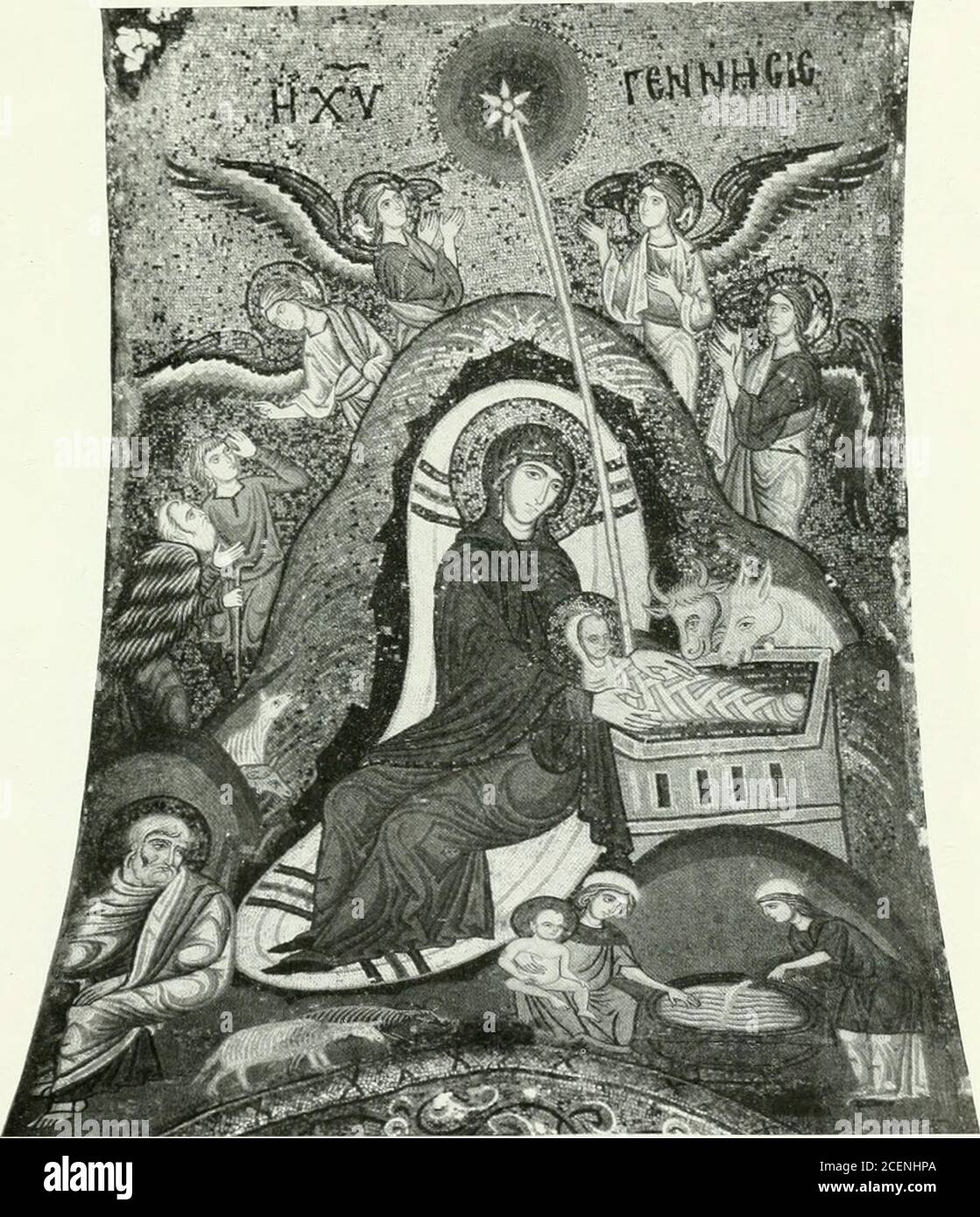. Die Wandmosaiken von Ravenna. Scheda: XLI. Kuppelmosaik tk-r Kirche della Martorana a Palermo: Der thronende Christus,dem die vier Erzengel Gabriel, Michael, Raphael und Oreel (Uriel) die proskynesis erweisen. Vgl. S. 242, und 214. 23 g. |-,i, i i i 1.,.11K i-liuri CHN^ti. Vi;rIviin<lii;unl. Scheda; LII. Musaik in dir Kirche della Martorana III Palermo: Geburt Christi, Wirkündigungan die Hirten, Bad des Christkindes. Vgl. S. 242. Foto Stock