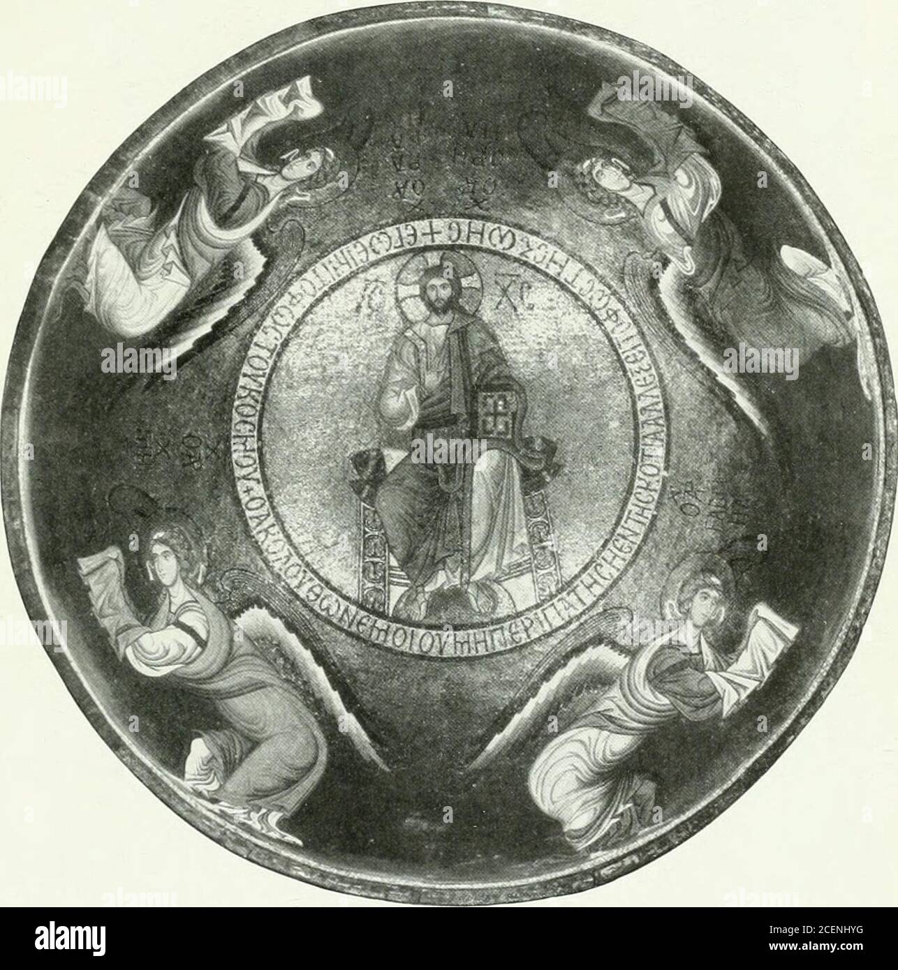 . Die Wandmosaiken von Ravenna. Scheda: XL. Kuppelmosaik di-r Palastkapelk- inlalcrmj: l.rustbild des erhöhten Heilandes mitden Erzengeln Raphael, Michael, Gabriel und Uriel und 4 „Engeln des Herrn. Vgl. S. 242, und 214. 239.. Scheda: XLI. Kuppelmosaik tk-r Kirche della Martorana a Palermo: Der thronende Christus,dem die vier Erzengel Gabriel, Michael, Raphael und Oreel (Uriel) die proskynesis erweisen. Vgl. S. 242, und 214. 23 g. |-,i, i i i 1.,.11K i-liuri CHN^ti. Vi;rIviin<lii;unl Foto Stock