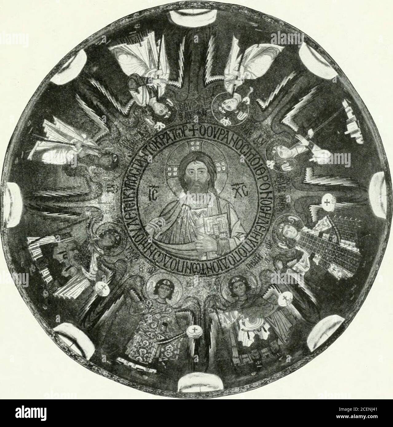 . Die Wandmosaiken von Ravenna. COCS X ^.»*i,«Äir?.i -. II Hoilaiiili-s ini. Scheda: XL. Kuppelmosaik di-r Palastkapelk- inlalcrmj: l.rustbild des erhöhten Heilandes mitden Erzengeln Raphael, Michael, Gabriel und Uriel und 4 „Engeln des Herrn. Vgl. S. 242, und 214. 239. Foto Stock