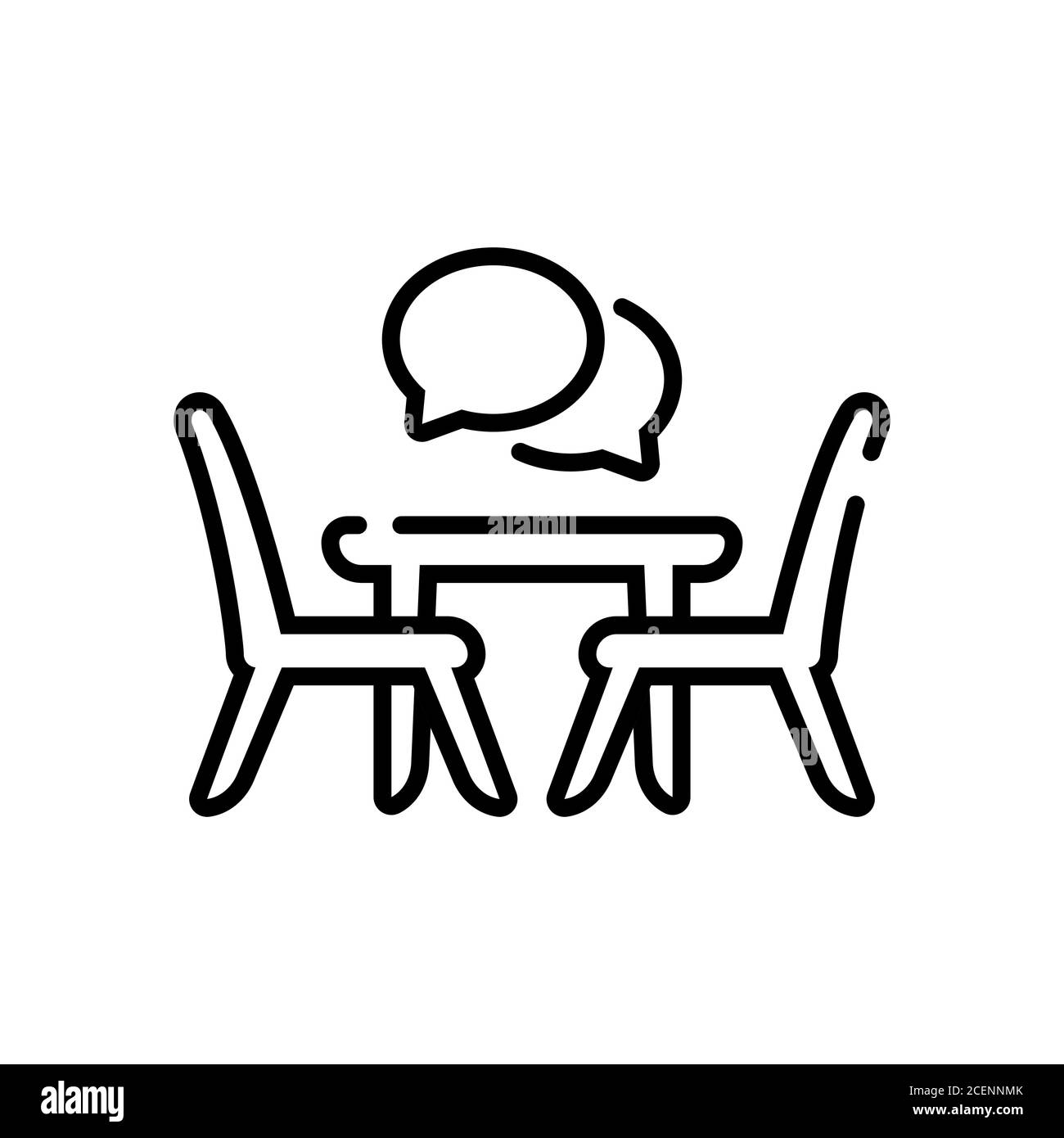 Sala riunioni, conferenza, icona della linea del consiglio. Scrivania da ufficio, sedie con bolla vocale. Vettore su sfondo bianco isolato. EPS 10 Illustrazione Vettoriale