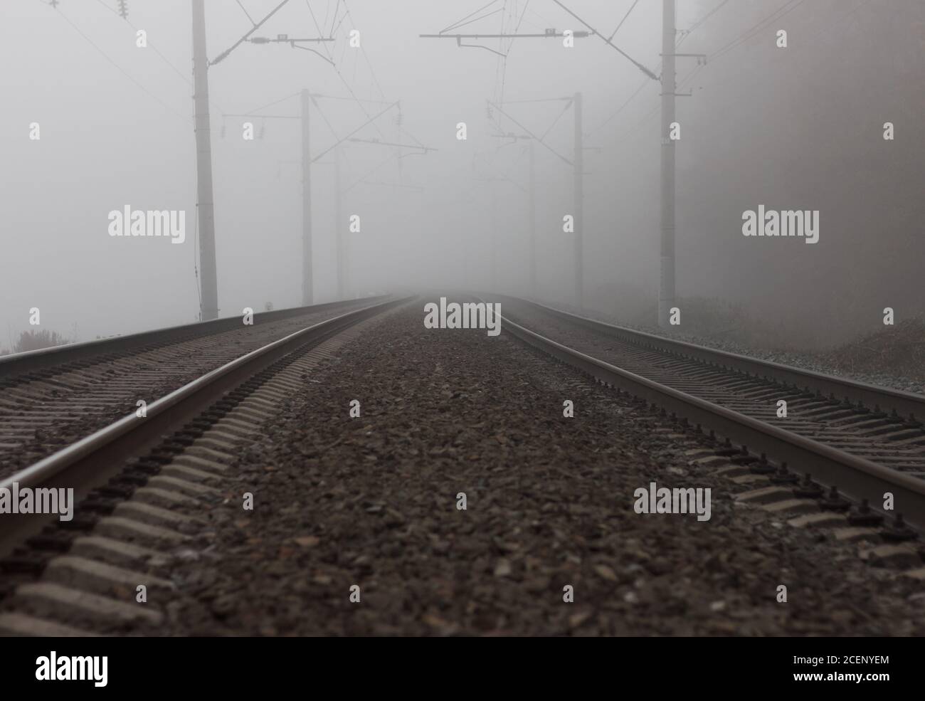 Due binari ferroviari che vanno molto avanti nella nebbia. Foto Stock