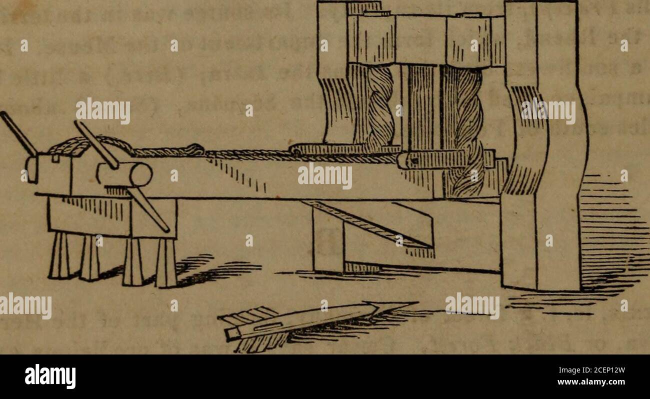 . I primi sei libri dei commentari di Cæsar sulla guerra gallica: Ngines a grande distanza, con cui sono stati buttati giù le battaglie e interi file di uomini spazzati dalla falanx più profonda. Si dice che il loro effetto sia stato un piccolo assedio inferiorino a quello dell'artiglieria. Il balista utilizzato per lanciare il tartor javelins, rappresentato nel seguente taglio di legno, preso da Folards commento su Polybius, assomigliato nel suo funzionamento animmense crossbow, le due estremità dei quali consistevano di due leverso ritorto in spire di corde per acquisire una potente molla. Le estremità estreme erano unite da una corda forte che Foto Stock