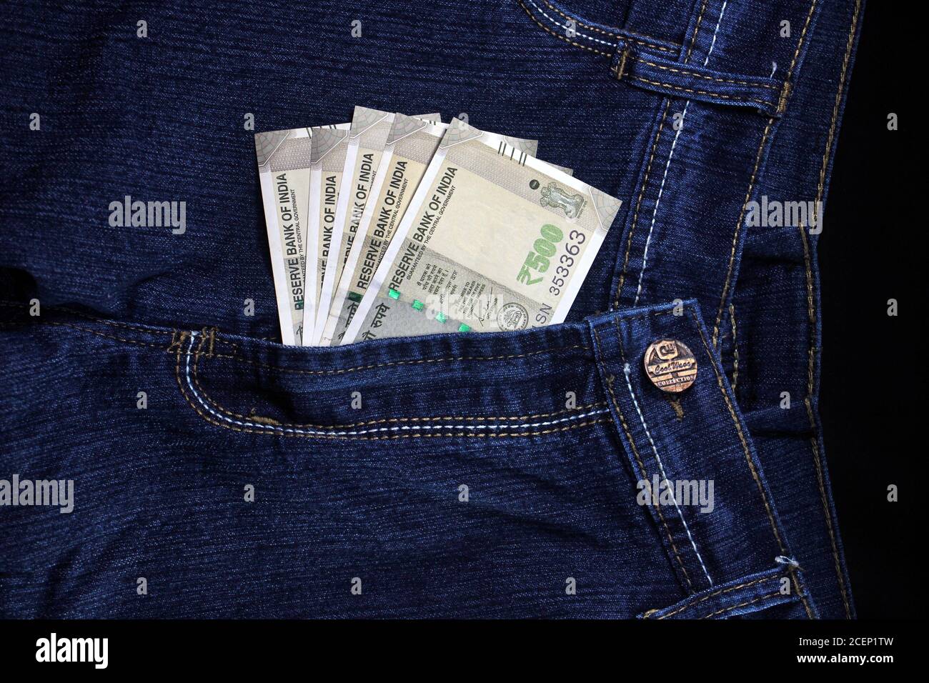 Donne jeans con soldi. Vista ravvicinata della cerniera del pantaloni con soldi. Jeans blu con soldi. Jeans blu denim donna con soldi. Soddisfazione, adulto. Foto Stock
