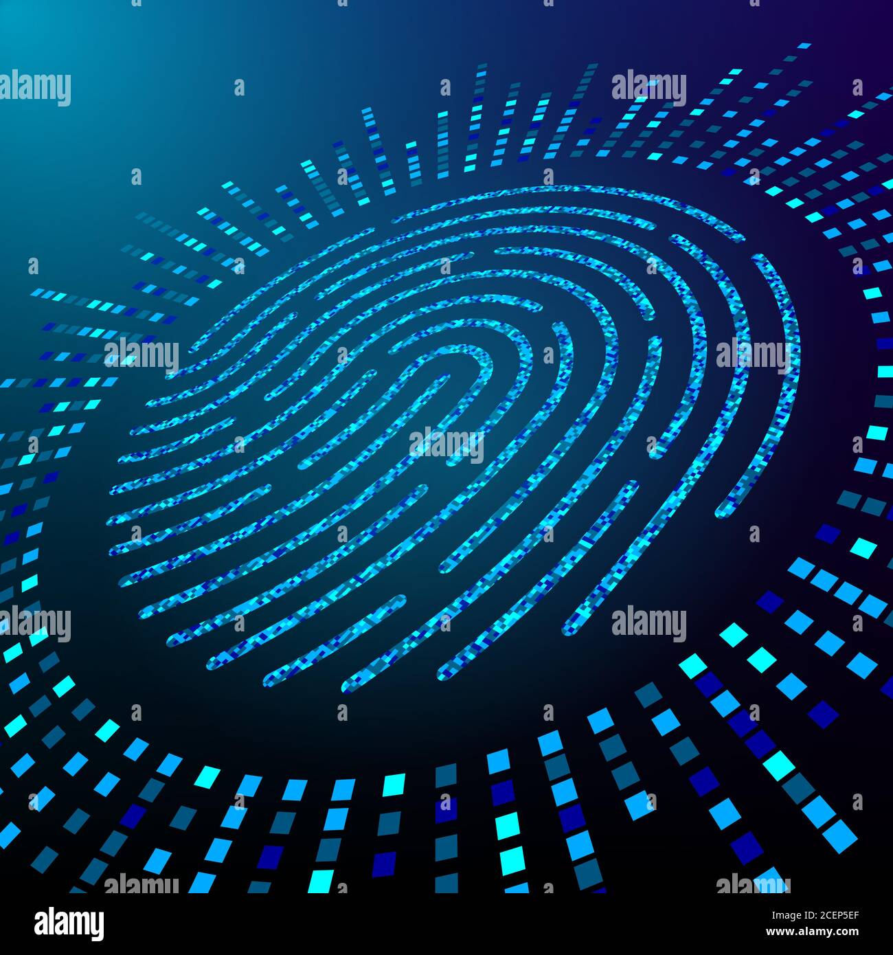 Visualizzazione delle impronte digitali dei big data. Elaborazione delle informazioni per l'identificazione personale. Impronta digitale costituita da particelle. Vettore Illustrazione Vettoriale