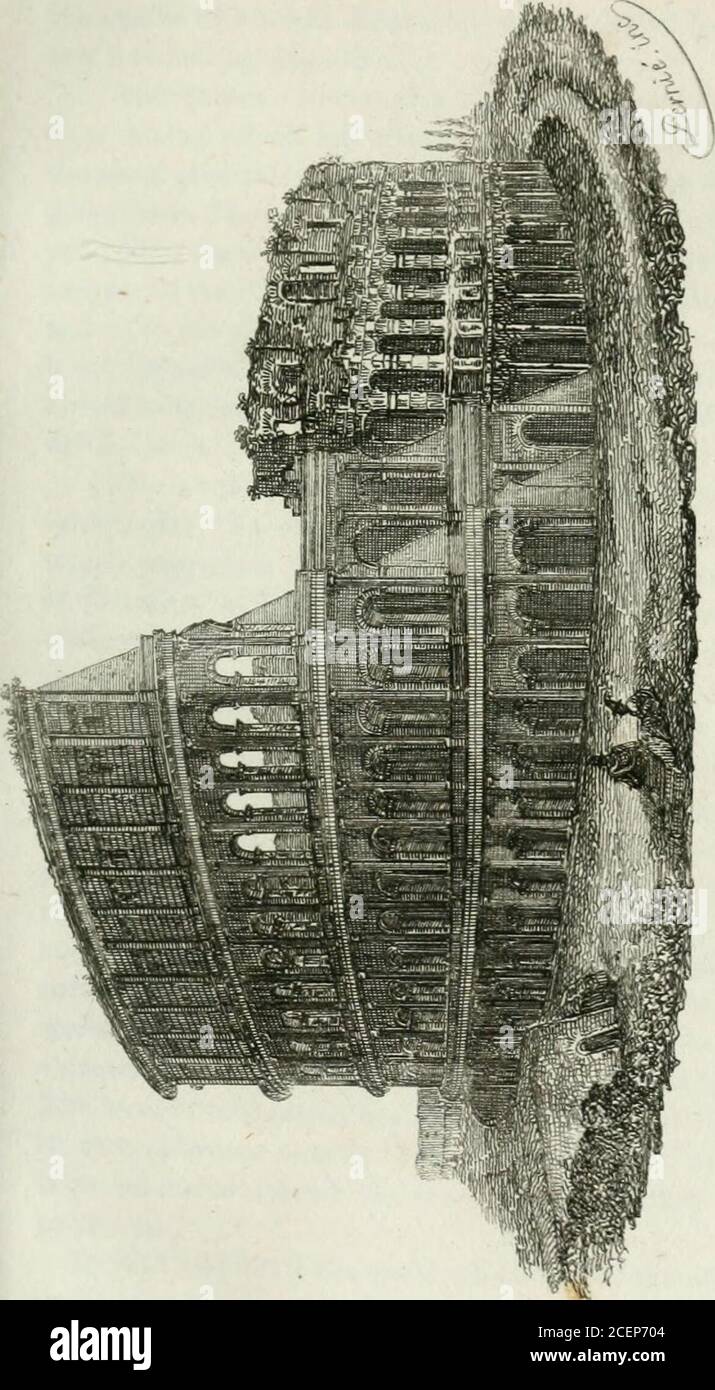 . Nuova guida di Roma, Napoli e i loro dintorni. E' degli antichi quartieri di Roma II5 llj IVe X uniti in questo luogo. COLOSSO di l!Fero. Quando Nerone costruì la sua casa d'oro ordinò a Zeno-Dorus , un celebre scultore di eseguire un colossale bronzo statuoso di 120 piedi di altezza che rappresentava il suo tratto por sotto forma di Apollo o del sole e del placedit nel vestibolo. Vespasiano la trasferì all'atrio del palazzo che si trovava sul posto furono Adrianeretti il tempio di Venere e Roma; ventiquattro ele-fagiani furono impiegati per toglierlo ai suoi teremani coloniali di whic Foto Stock