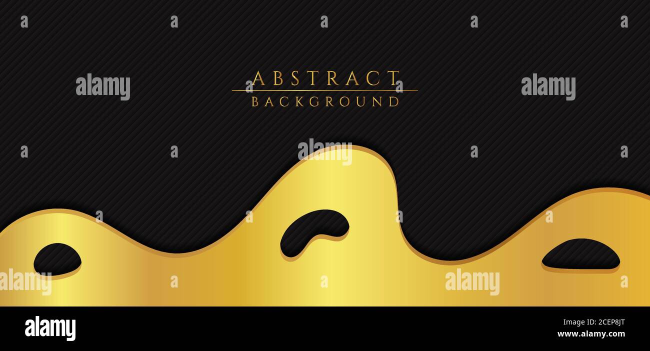 Forma a flusso ondulato fluido design oro di lusso con motivo sfondo nero. Illustrazione vettoriale. Illustrazione Vettoriale