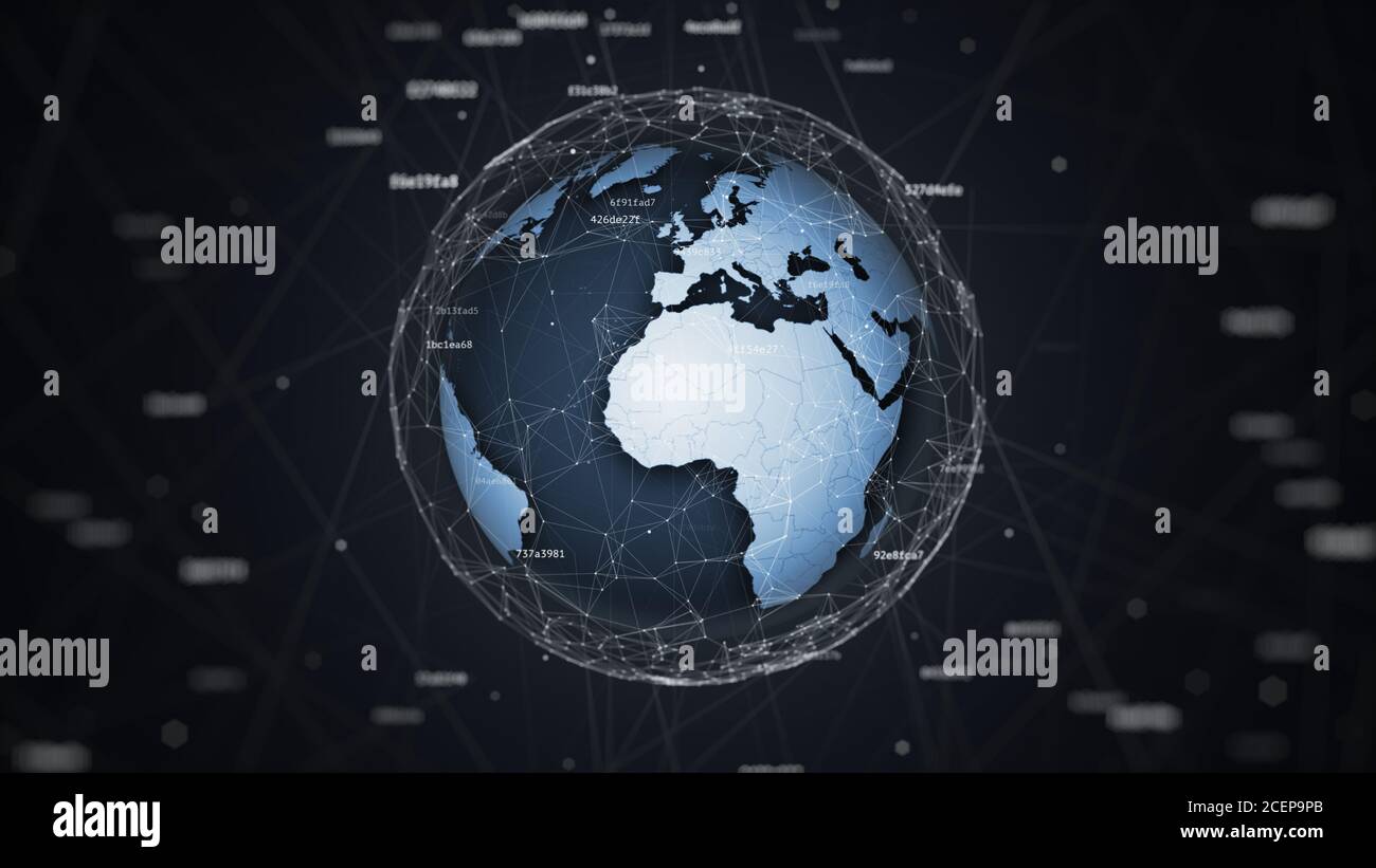 Globo terrestre 3D nel caos geometrico con hash digitali connessi al rumore, illustrazione tecnica di fondo Foto Stock