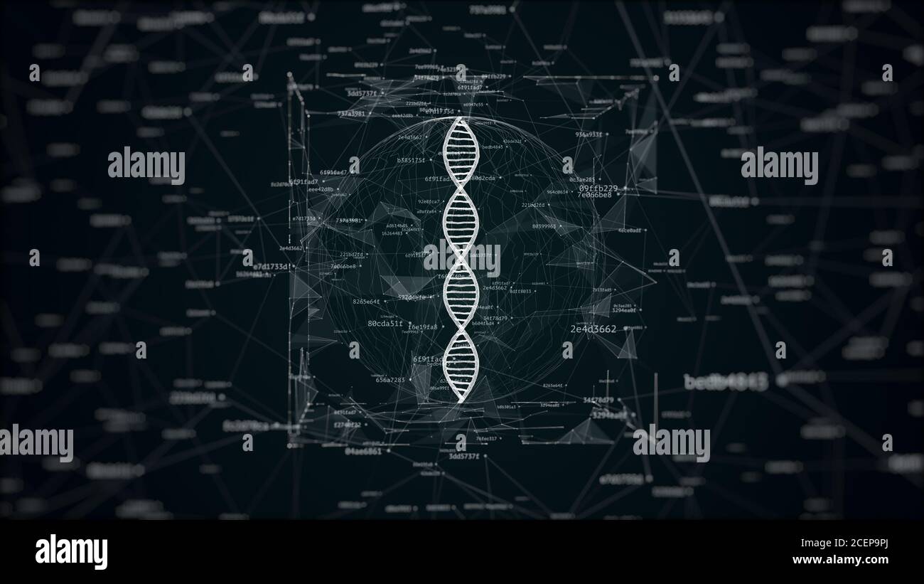 Illustrazione 3d del DNA nel rumore digitale, illustrazione astratta della scienza futura del DNA nella sfera e cubo circondato da codici hash collegati Foto Stock