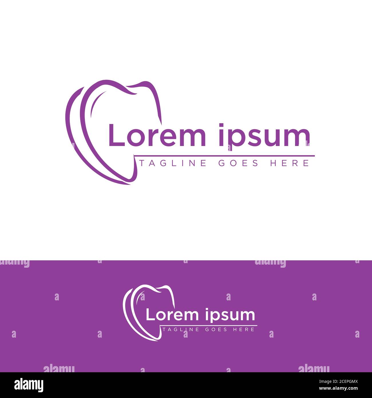 Icona dentale simbolo dentale moderno e alla moda con colore viola. Icona dentale dal design piatto isolata su sfondo bianco. Illustrazione vettoriale EPS.8 EPS.10 Illustrazione Vettoriale