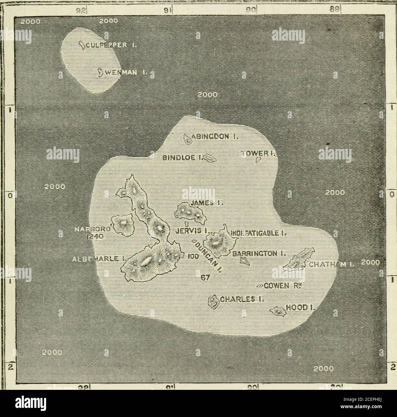 . Vita insulare; o, i fenomeni e le cause di faune insulari e fiori, compresa una revisione e tentato di soluzione del problema dei climi geologici. MAPPA DELLE GALAPAGOS E DELLE COSTE ADIACENTI DEL SUD AMERICA. La tinta leggera mostra dove il mare è meno di 1,000 fathoms deep.The figure mostrano la profondità in fathoms. Gruppi di isole che abbiamo preso in considerazione, questi sono situatedin un mare relativamente calmo, dove le tempeste sono di eventi rari e persino venti forti quasi sconosciuto. Sono attraversate da correnti oceaniche forti e costanti, che scorrono verso il CHAP. XIII.] GALAPxVGOS ISL Foto Stock