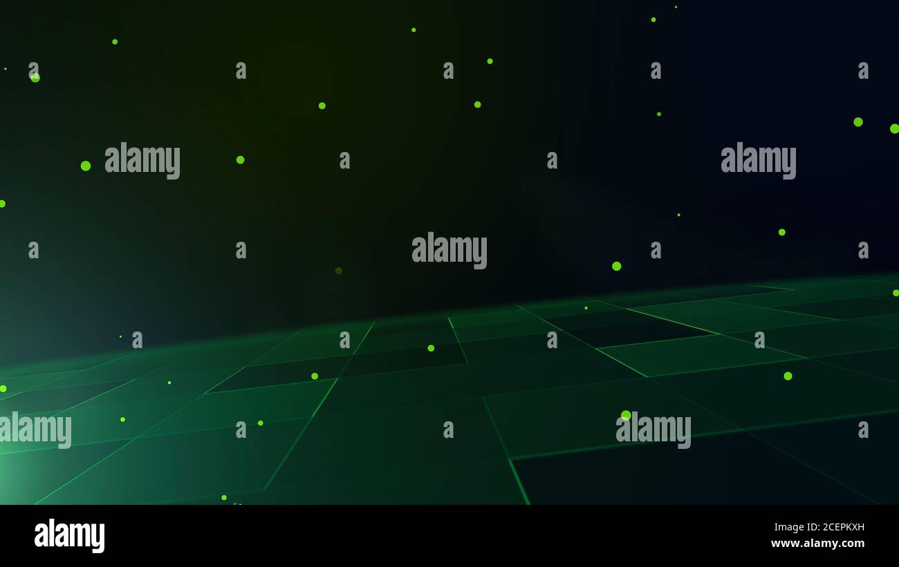 Pavimento quadrato verde astratto con tratto e punto di particella. Copia spazio, posizionamento prodotto, sfondo podio, rendering 3D Foto Stock