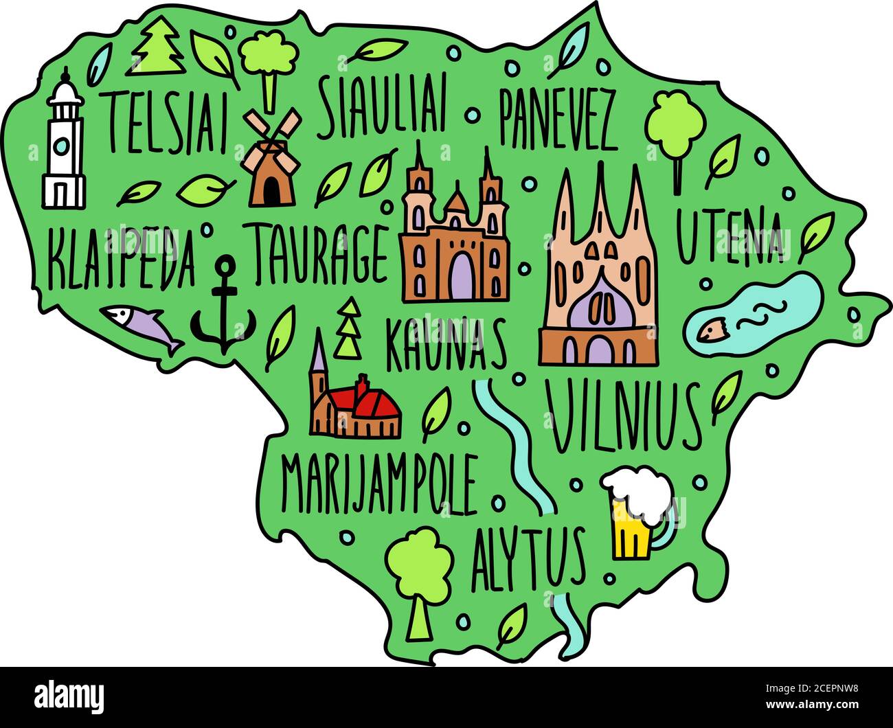 Mappa colorata disegnata a mano della Lituania. Lituano nomi di città scritte e cartoni animati punti di riferimento, attrazioni turistiche clipart. Viaggio, banner concept d Foto Stock
