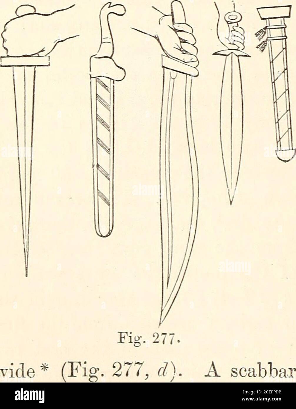 . La vita dei Greci e Romani. ]Kes, a/Jl(p[yvov), era lungo da circa 16 a 18 pollici da 2 a 2-^UNA scabbard (/roAeos, Fig. 277, e t), made. Wide * * UNA bella spada greca, trovata vicino a Pella in Makedonia, ora nel Eoyal Anti-quarium di Berlino, ha una lama lunga 17 pollici, E una mano]e che misura 4 inch.The lama di un'altra spada nella stessa collezione è 19| pollici di lunghezza, il hiltbeirjg 4 pollici di lunghezza. Quest'ultimo assomiglia perfettamente alla nostra Fig. 277, d. f Sword e scabbard (Fig. 277 &lt;?, d) appartengono ad una stessa figura. LA SPADA. L'ARPE. 245 di cuoio o di metallo, ricoperti di th Foto Stock