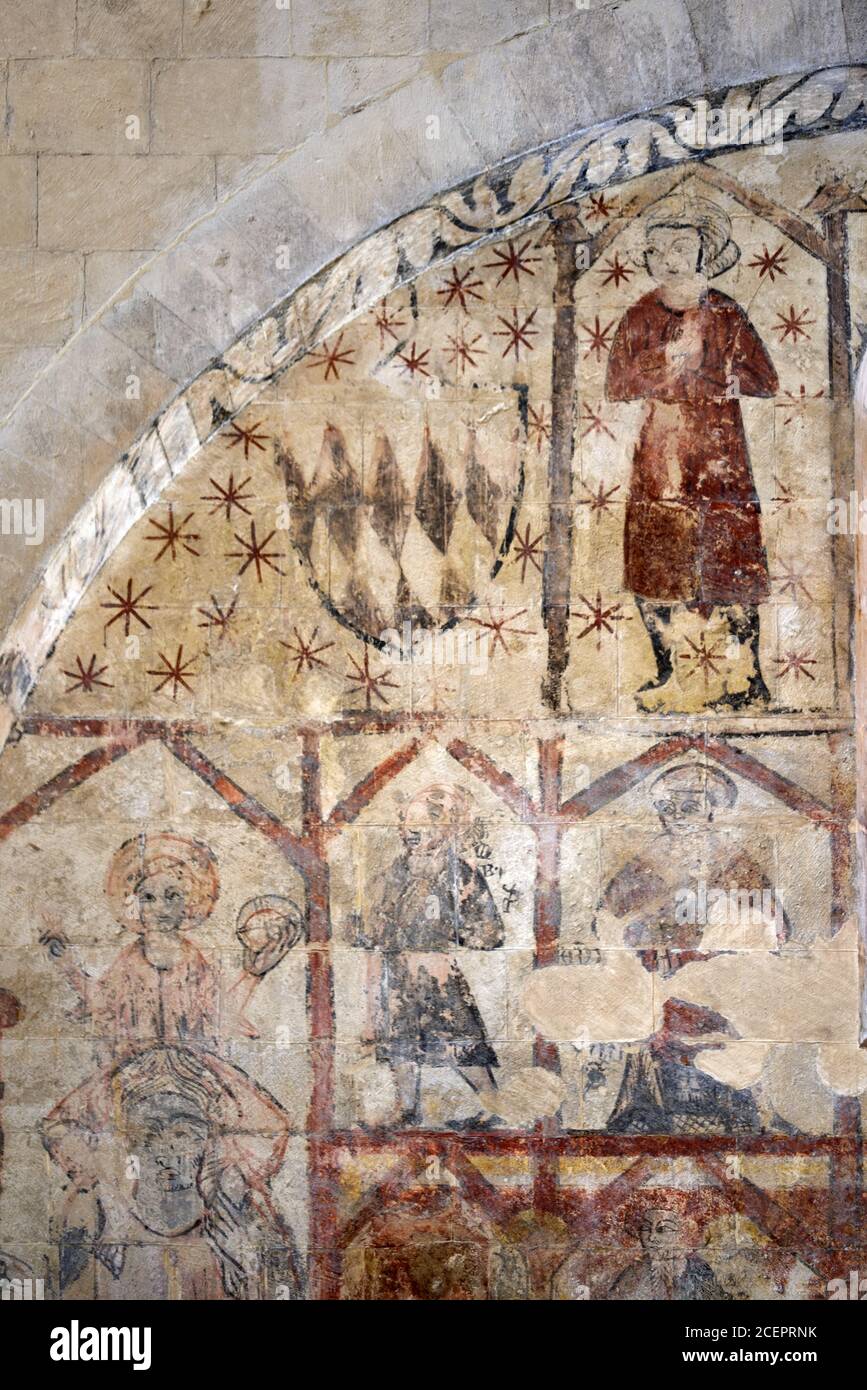 Pitture murali medievali sulla parete della Chiesa del 12 ° Salagono Priorato o Salagon Abbey Mane Alpes-de-Haute-Provence Provenza Francia Foto Stock