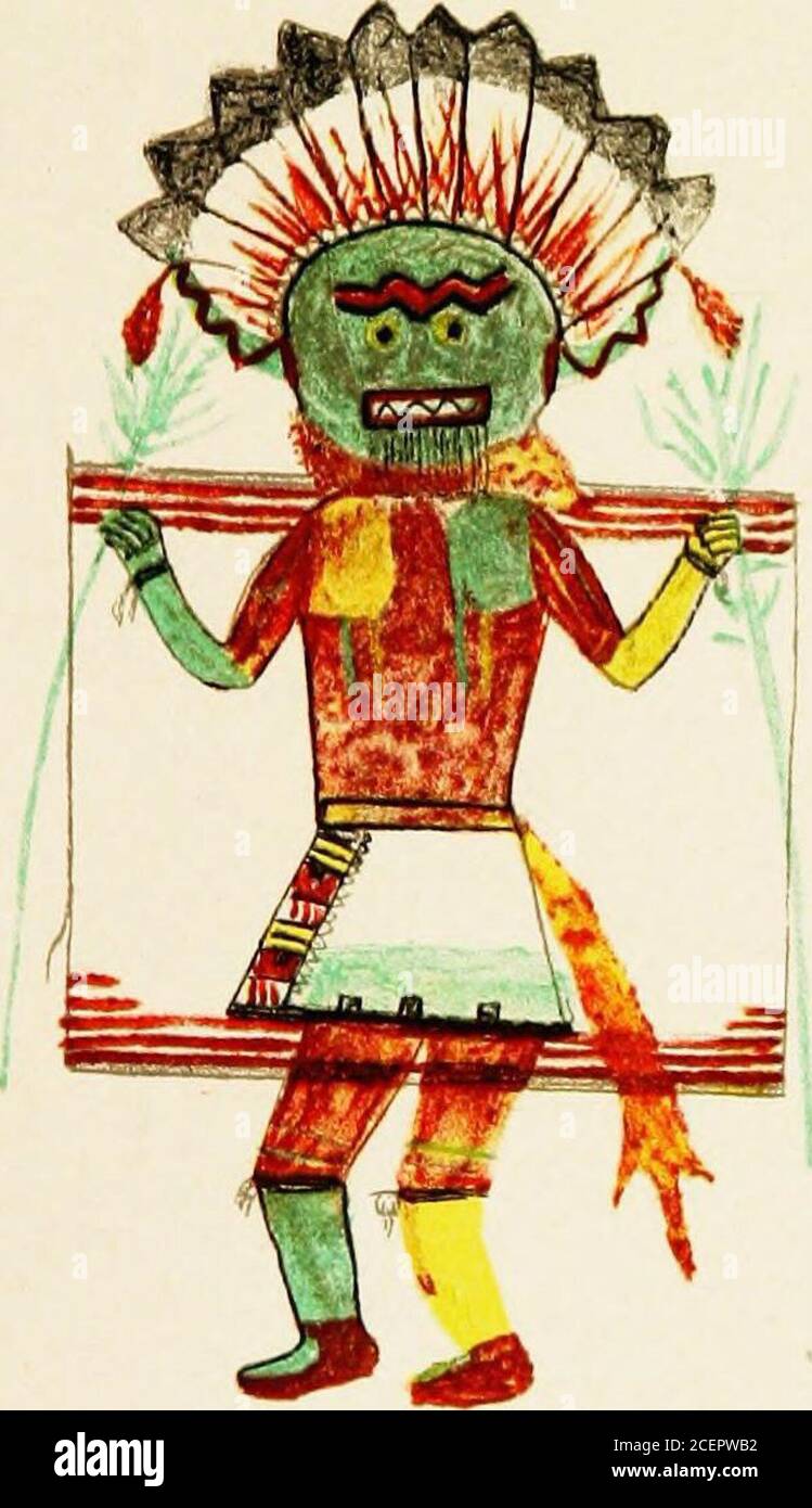 . Hopi Katcinas disegnato da artisti nativi. KWACUS ALEK TAKA. VECCHIA MASCHERA KATCINA CLAN&GT; ALA MANA Foto Stock