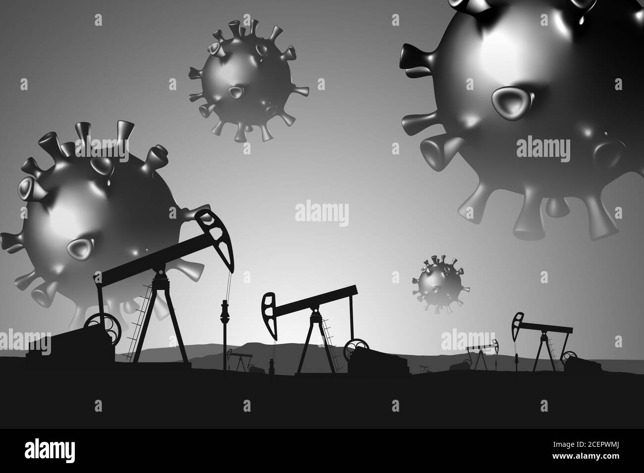 Covid-19. Il concetto di crollo dell'industria petrolifera. i modelli 3d di coronavirus sorvolano il campo petrolifero. Foto Stock