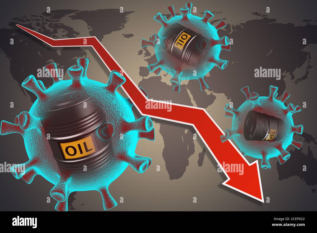 Calo dei prezzi del petrolio a causa di COVID-19. Illustrazione concettuale 3D. Foto Stock