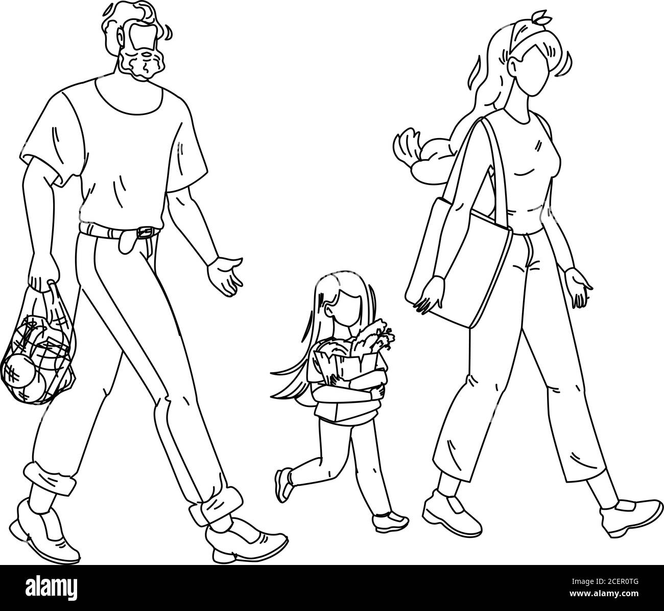 Famiglia con generi alimentari in Zero Waste Bag Vector Illustrazione Vettoriale