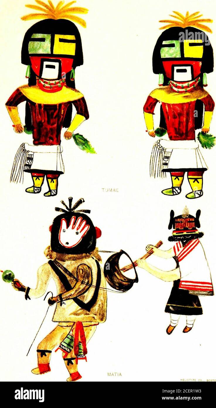 . Hopi Katcinas disegnata da artisti nativi. Antica katrina caratteristica del puebloHano, ma ora raramente personata. TUMAE (piatto XLII) l'immagine di questa katina ha un volto diviso in una sezione gialla e verde da una linea verticale nera. La parte inferiore del viso è separata da entrambe da una linea orizzontale nera, ed è colorata in rosso. Al centro di questa zona rossa c'è un bianco mento rettangolare, il pigmento che dà il nome alla figura. Sia Hopisand Tewas chiamano questa katcina Tumae (terra bianca), riferendosi al bianco sul mento. MATIA (piastra XLII) questa figura ha una mano umana Foto Stock