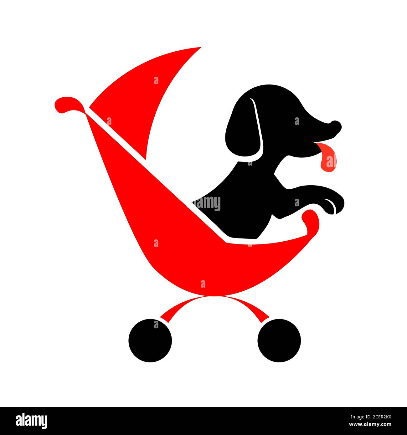 Logo Dog sitter silhouette nera rossa su sfondo bianco per l'evidenziazione. Elemento isolato vettore icona animale da passeggio nel carrello. Illustrazione del glifo del trasporto allo zoo. Concetto divertente di affari di cura degli animali. Illustrazione Vettoriale