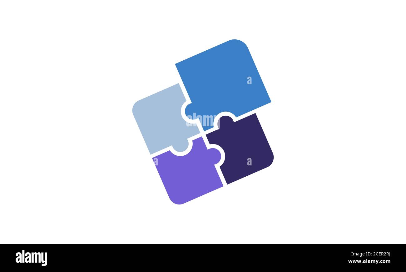 Vettore astratto di un puzzle viola e blu inclinato con quattro pezzi vuoti con spazio di copia per testo o immagini e isolato su sfondo bianco. Illustrazione Vettoriale