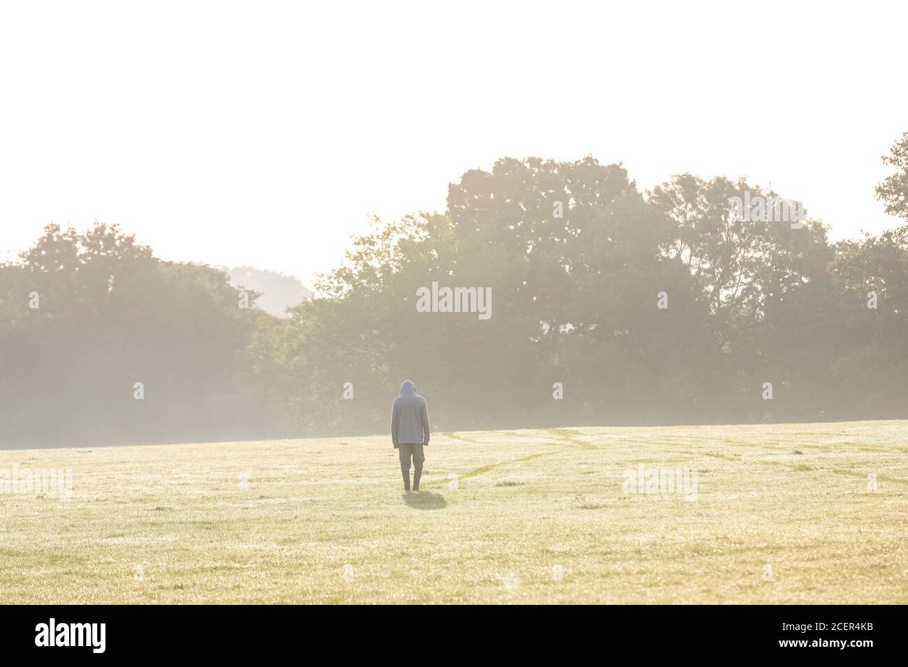 Northampton, Regno Unito, Meteo. 2 settembre 2020. Un singolo maschio che si allontano indietro mentre si guarda al sole lasciando un sentiero nel forte rugiada Abington Park. Credit: Keith J Smith./Alamy Live News Foto Stock
