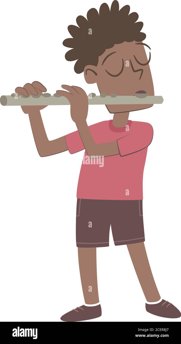 Illustrazione in stile retrò di un ragazzino nero che suona il flauto. Illustrazione Vettoriale