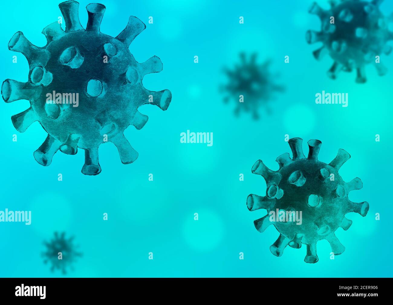 Coronavirus blu sfondo orizzontale. Illustrazione disegnata a mano con acquerello con effetto bokeh. Concetto di ricerca di cura e di protezione del mondo. Foto Stock