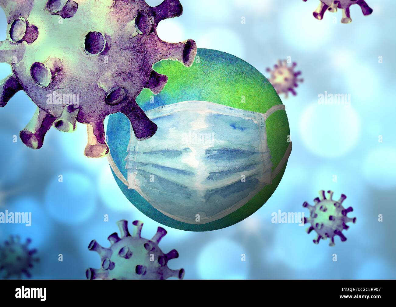 Coronavirus attacco Terra con maschera facciale protettiva. Sfondo disegnato a mano con globo e virus. Lotta contro i virus. Concetto di guarire Foto Stock