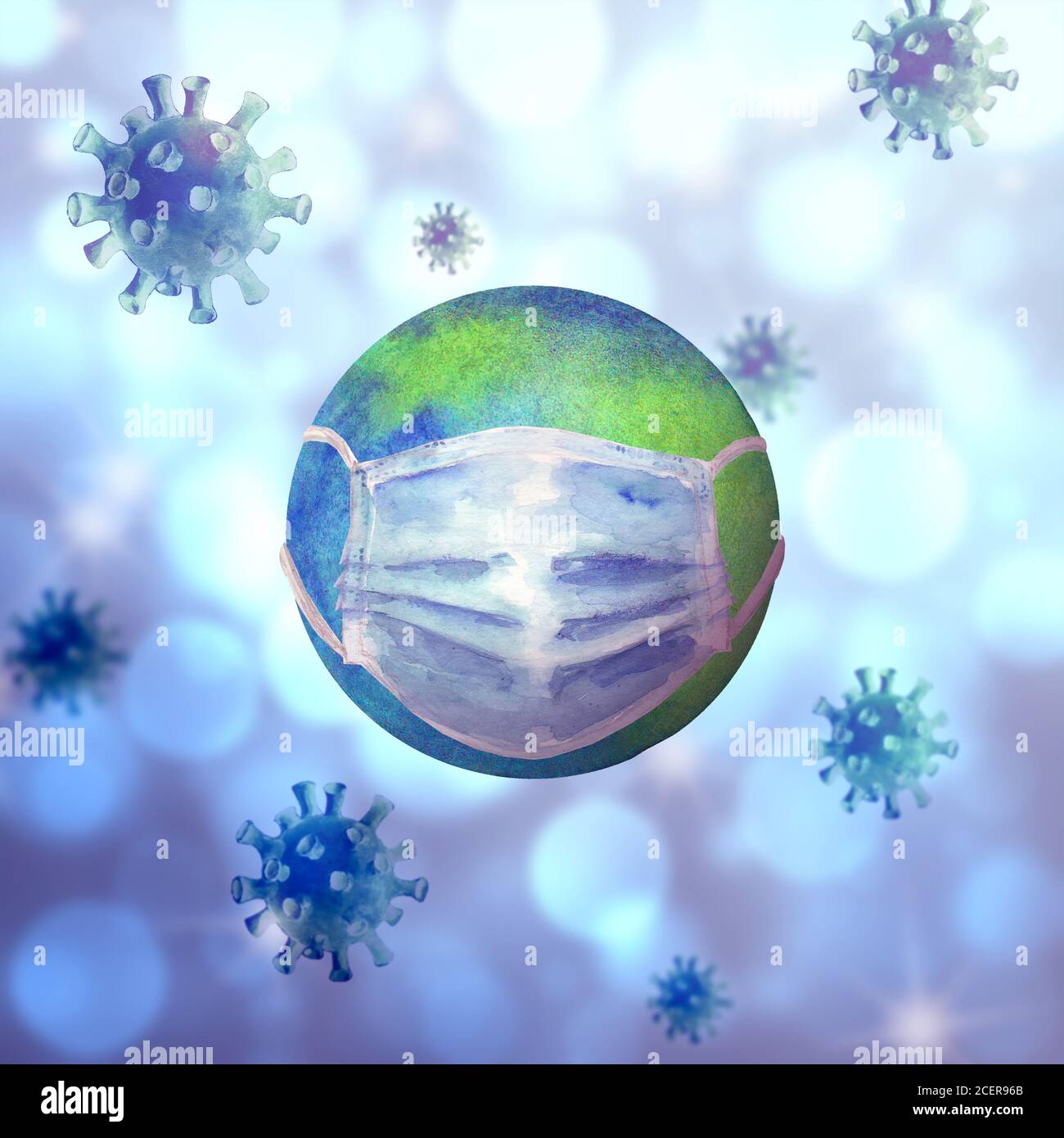 Coronavirus intorno alla Terra. Sfondo blu con globo disegnato a mano con maschera facciale protettiva e virus corona. Lotta contro i virus. Cura il mare Foto Stock