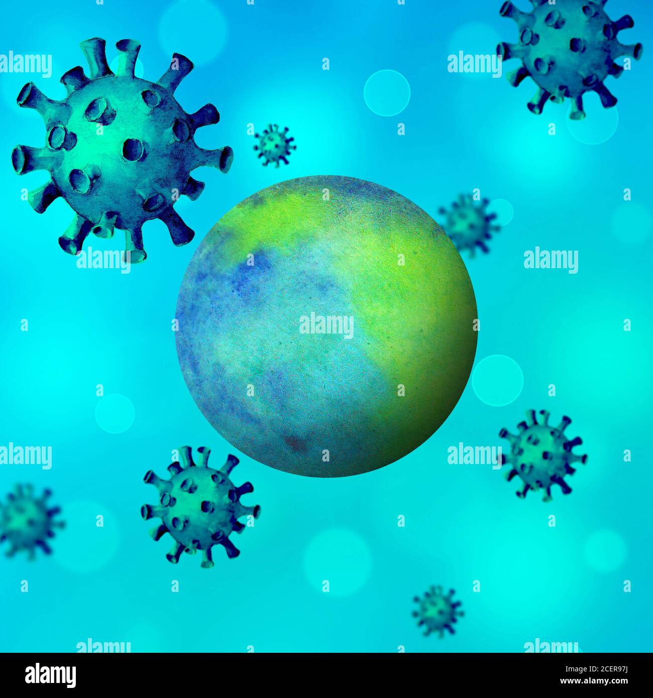 Coronavirus intorno alla Terra. Sfondo disegnato a mano con globo e virus corona. Lotta contro i virus. Cura la ricerca e pandemia mondiale protettori Foto Stock