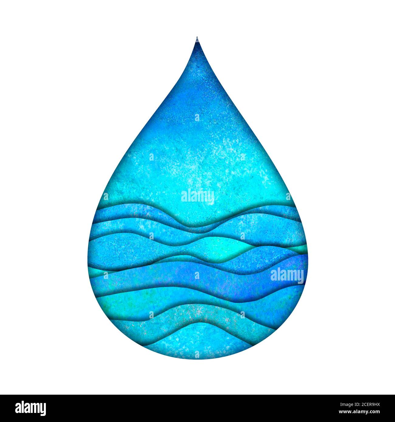 Modello con logo Water Drop. Acquerello dipinto a mano blu teal turchese carta taglio stile logotipo. Acquerello naturale aqua. Risparmiare acqua, ecologia, Foto Stock