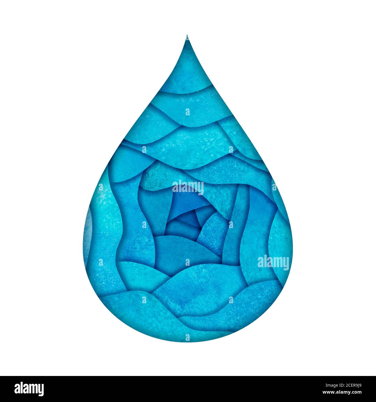 Modello con logo Water Drop. Acquerello dipinto a mano blu teal turchese carta taglio stile logotipo. Acquerello naturale aqua. Risparmiare acqua, ecologia, Foto Stock