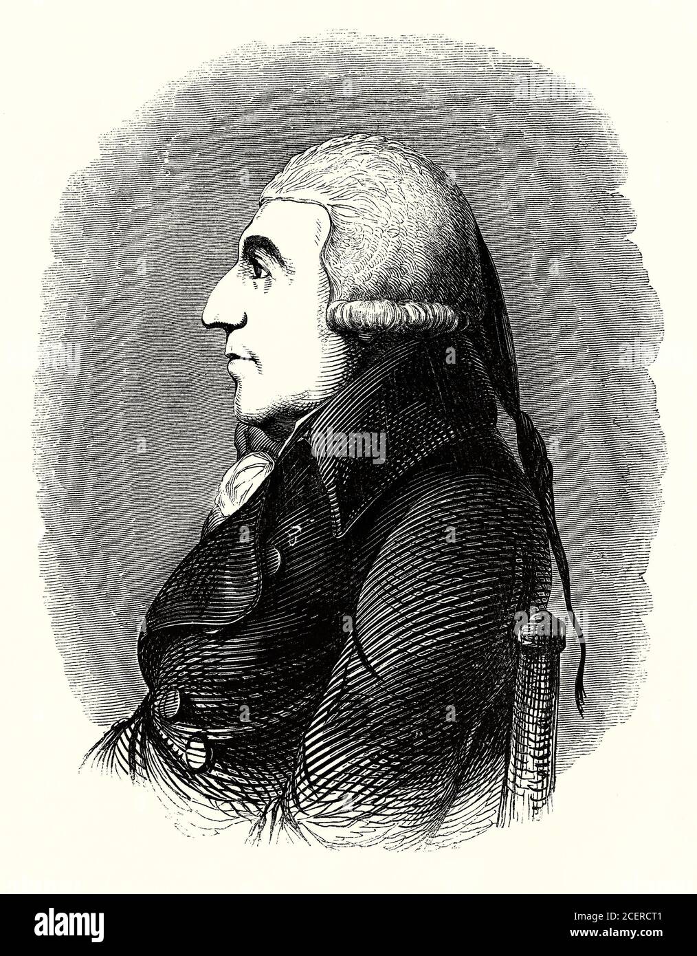 Una vecchia incisione di John Howard (1726¬–1790). Un filantropo e riformatore sociale, Howard è stato dedicato alla riforma carceraria e ai miglioramenti della salute pubblica. Nel 1773 fu nominato alto sceriffo del Bedfordshire e fu sconvolto dalle condizioni carcerarie che trovò. Il sistema significava che i prigionieri più poveri vivevano in condizioni terribili. Le azioni di Howard hanno portato a due 1774 atti parlamentari, abolendo le tasse dei carcerieri e migliorando la salute dei prigionieri. Nel 1866, la Howard League for Penal Reform fu fondata in suo onore. Foto Stock