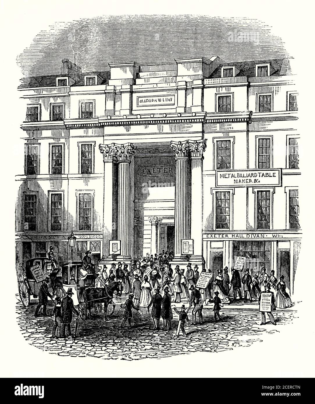 Una vecchia incisione di Exeter Hall, The Strand, Londra, Inghilterra, Regno Unito c. 1840. Fu eretta tra il 1829 e il 1831 sul sito di Exeter Exchange. L'auditorium della sala principale può ospitare più di 4,000 persone. Exeter Hall ha ospitato incontri religiosi e filantropici. Qui si sono svolti gli incontri della Società anti-schiavitù, e le parole ‘Exeter Hall’ sono diventate sinonimi della lobby anti-schiavitù. Divenne sede di YMCA (fondata nel 1844). Exeter Hall è stata venduta da YMCA al J. Lyons & Co nel 1907. L'edificio è stato demolito e lo Strand Palace Hotel è stato costruito al suo posto, inaugurato nel 1909. Foto Stock