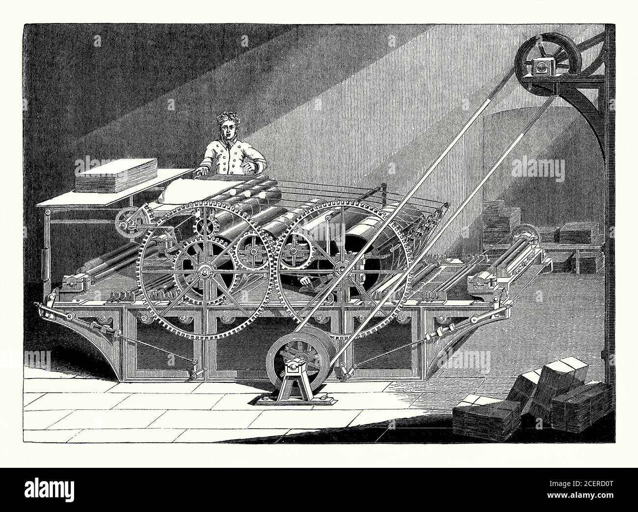 Una vecchia incisione del 1800 di una pressa rotativa a vapore, a cilindro,  utilizzata nella rivoluzione industriale dell'epoca vittoriana. I tedeschi  Friedrich Koenig e Andreas Bauer progettarono e costruirono la loro prima
